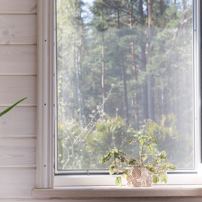White window with mosquito net in a rustic wooden house overlooking the garden, pine forest. Home plants in white pure and clean Scandinavian bedroom on the windowsill